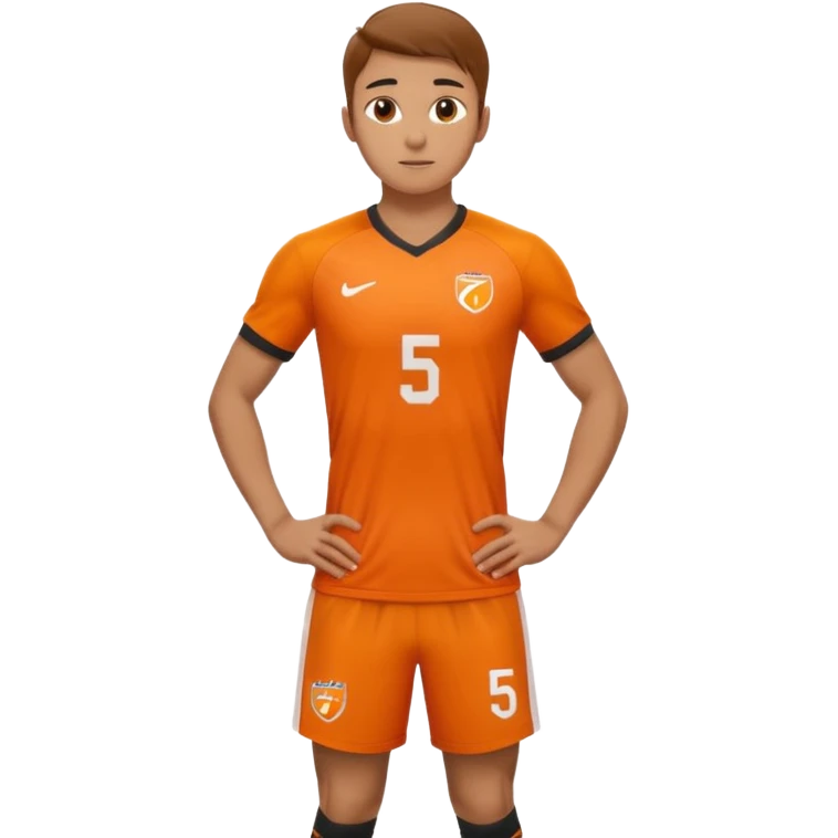 Apple iOS style 22 year old soccer player standing hands on waist, orange jersey #5, stadium lighting emoji