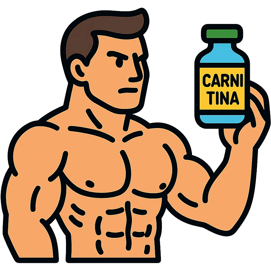muscular bodybuilder holding a vial labeled 'CARNITINA', colorful icon style, muscular details, determined expression emoji