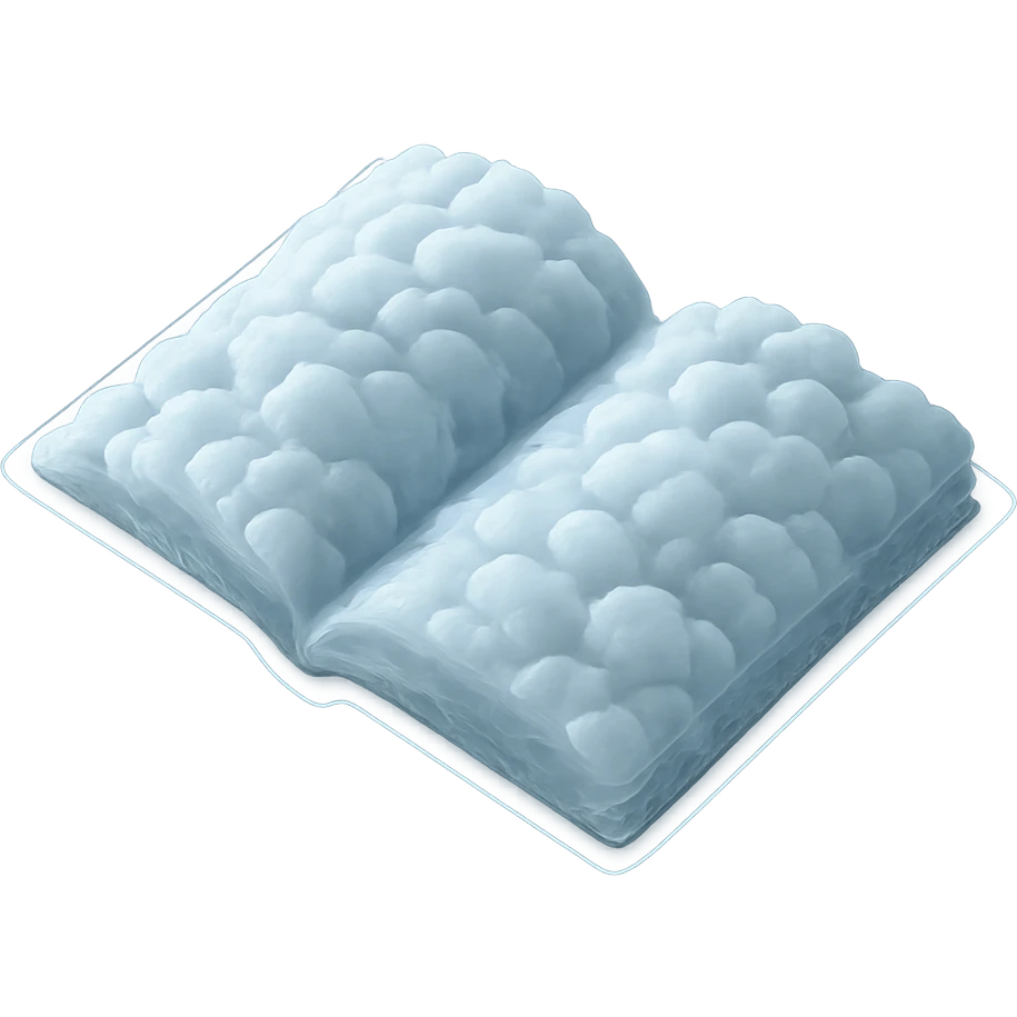top view of a thick open book made entirely of small, very bright white fluffy convex clouds, matte glass style emoji
