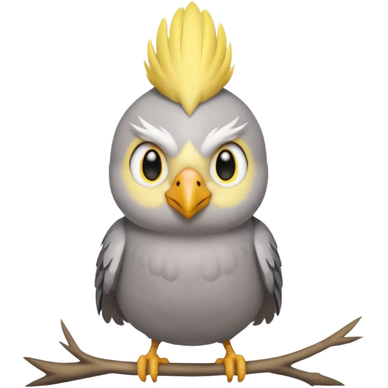 cockatiel in iOS emoji style, perched and facing forward, with a soft gray body and yellow face emoji