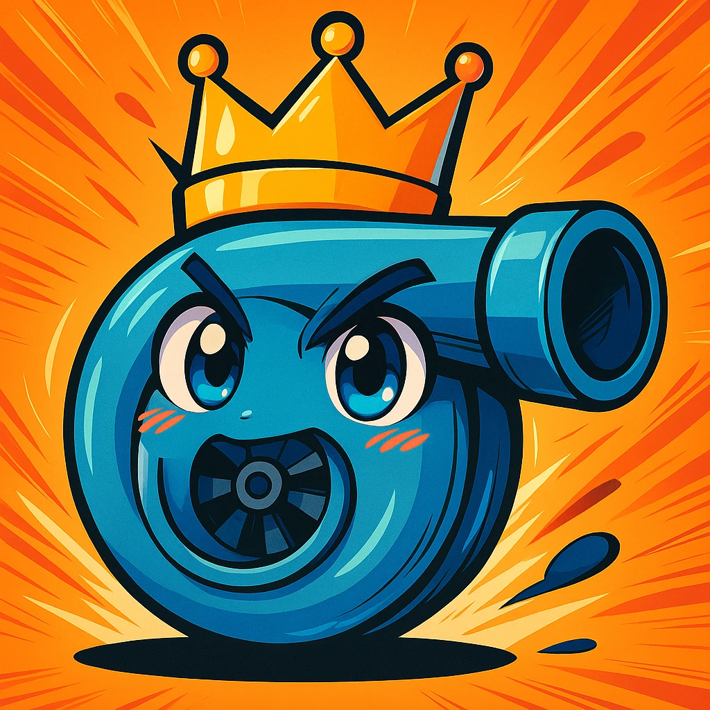 Make the turbocharger with a crown more anime style, featuring expressive eyes and dynamic lines, with vibrant colors. emoji