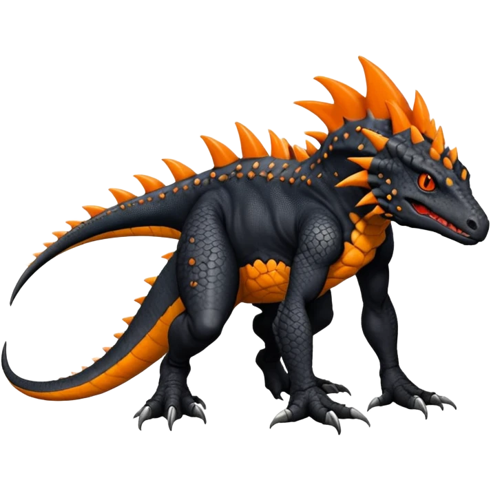 Black Salandit-Tyrunt-Greymon-Fakémon-creature-hybrid with orange belly (full body) emoji