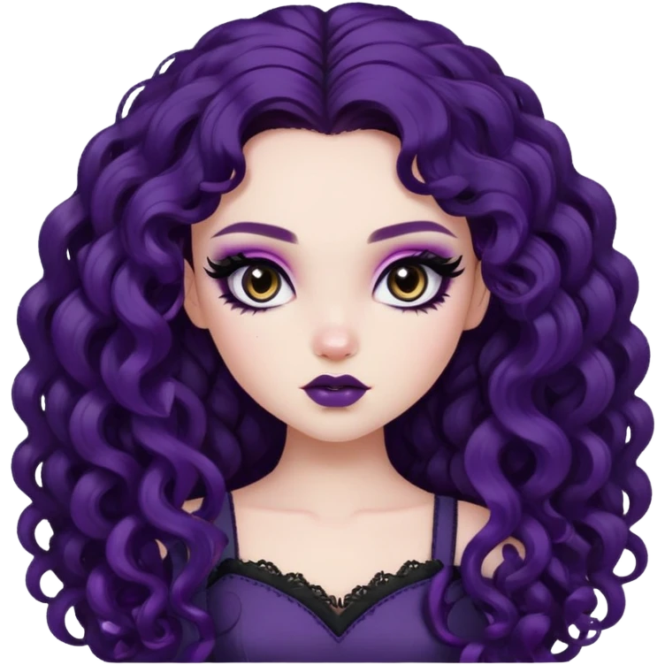 curly long dark purple hair, pale skin, brown eyes, pretty bratz baddie, black eyeliner, blush emoji