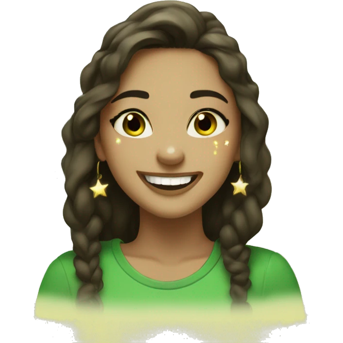 Brunette girl with light brown eyes, nose piercing, ear piercings, with light makeup. Wearing green. Surrounded by light yellow sparkles. Laughing.  emoji