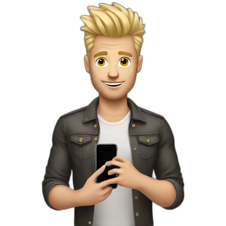 Blonde man with faux hawk hair holding iPhone in hand emoji