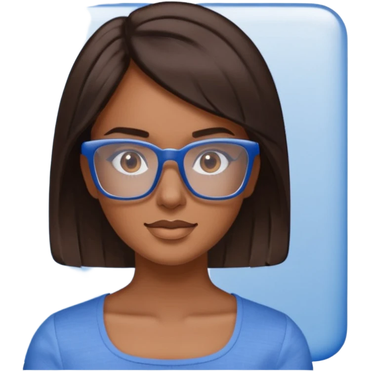 mujer de 30 años, cabello marron oscuro, anteojos cuadrados transparente, top celeste escote cuadrado emoji