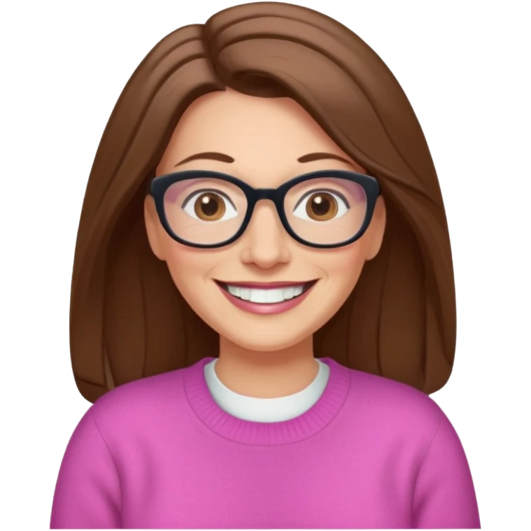 50 yr Caucasian woman, long brown hair parted on side, brown eyes, glasses,big smile, white teeth, pink sweater emoji