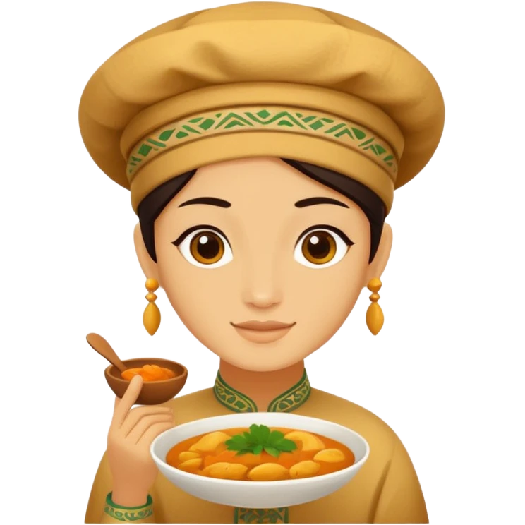 Uzbek cuisine humanless avatar in bright illustration. Classic dishes like plov, warm golden and earthy tones, simple shapes, flat design, high contrast, friendly and appetizing. emoji