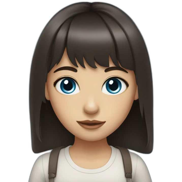 girl with dark brown hair, thick bangs, blue eyes emoji
