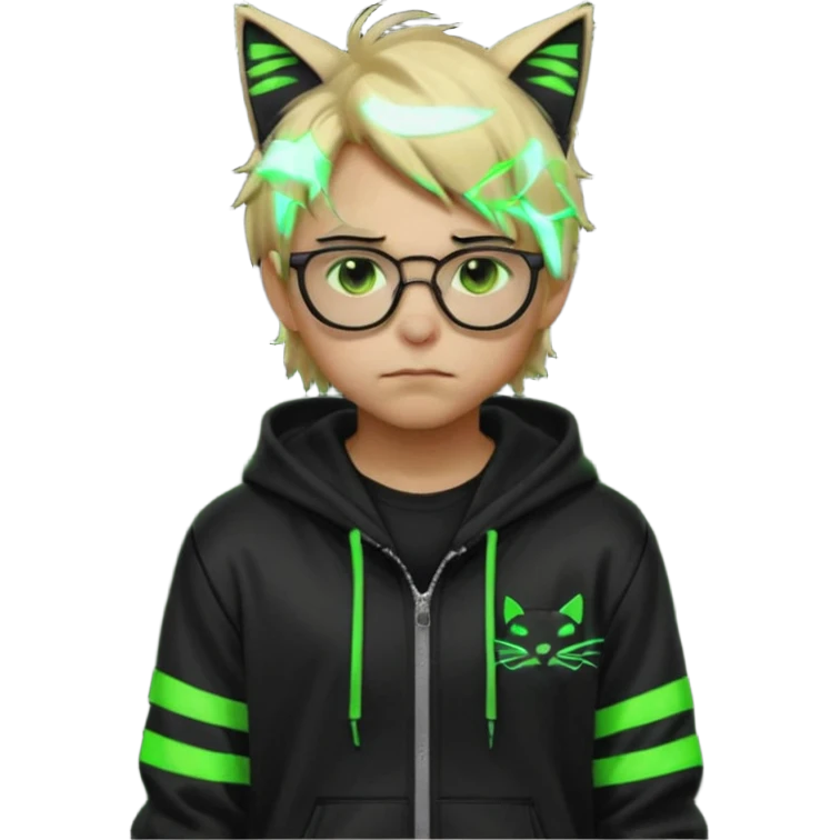 Light blond, slightly messy hair
Black glasses
A black hoodie with cat ears
Neon green details on the jacket and pants (glowing lines and stripes)
An overall hacker / cyberpunk style look
A neutral facial expression (boy )eyes brown) the hood with ears BROWN EYE BROWN EYE emoji