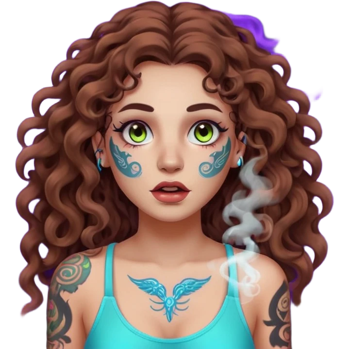 woman with long curly brown hair, brown eyes, white skin, tattoos, neon fog coming from her breath emoji