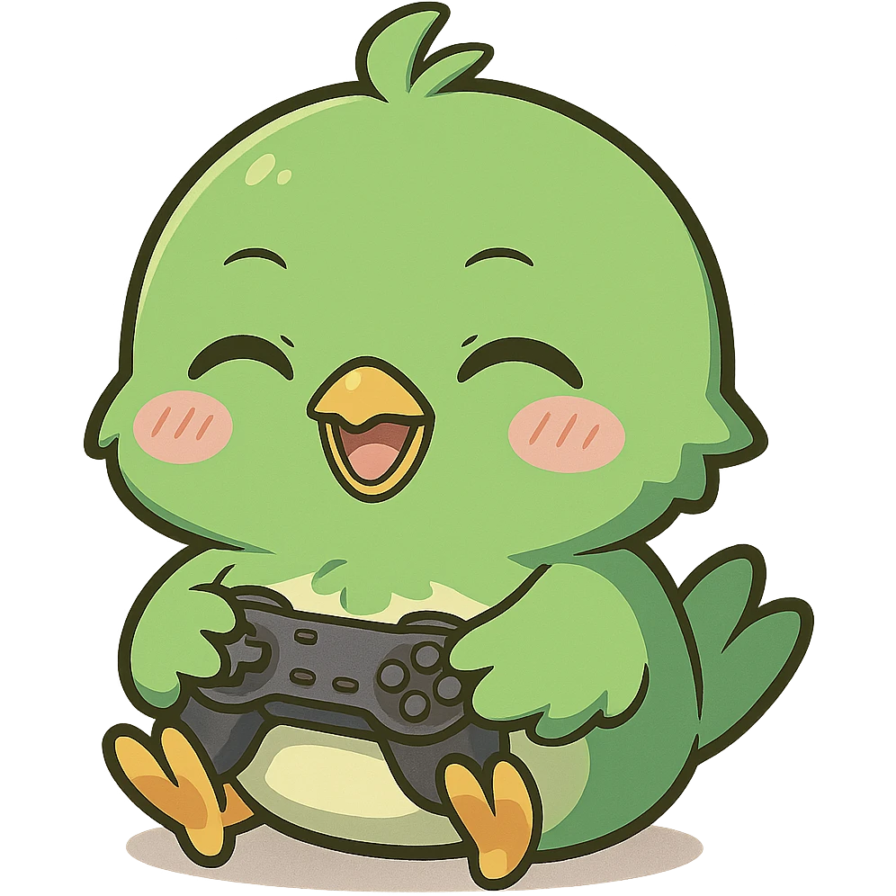 green chibi anime bird happy, gaming with a controller, chibi style, anime style, cute character, playing video games emoji