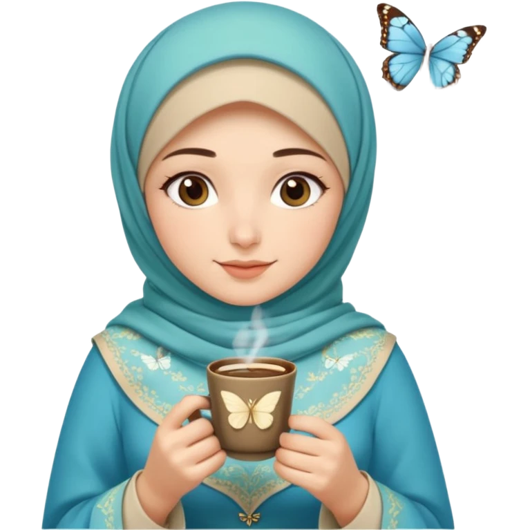 Turkish beautiful finish Konya girl blue with beige and light green hijab  butterfly islamic dress and had on her hand Turkish coffee emoji