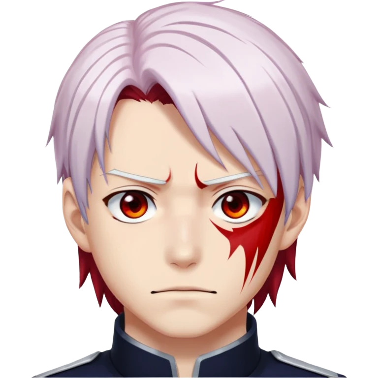 Shoto Todoroki face only, left side white hair, right side red hair, heterochromatic eyes, burn scar on left side of face, serious expression emoji