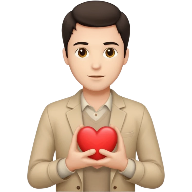A white handsome man with dark hair and beige clothes with beige heart in his hands emoji