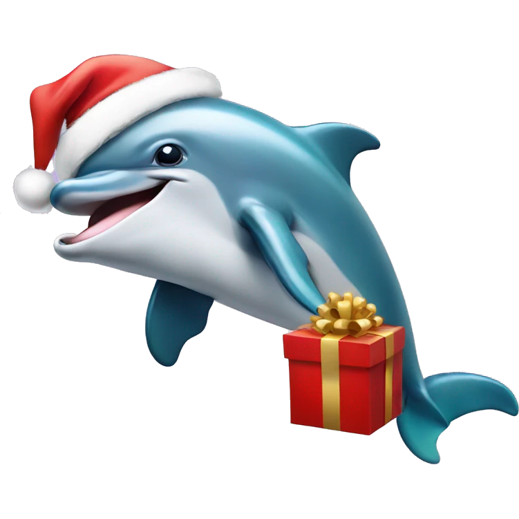 Dolphin with Santa hat and Christmas present  emoji