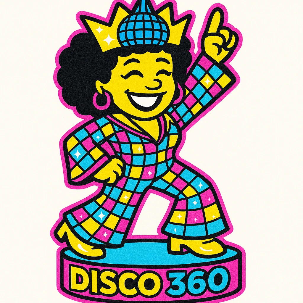 Edit the vibrant 1970s disco emoji of a female African American wearing a sparkling crown, placing her on a 360 photo booth platform. The booth should have the text 'Xyan 360' on it, styled in bold pop colors using gold, silver, black, and white. emoji