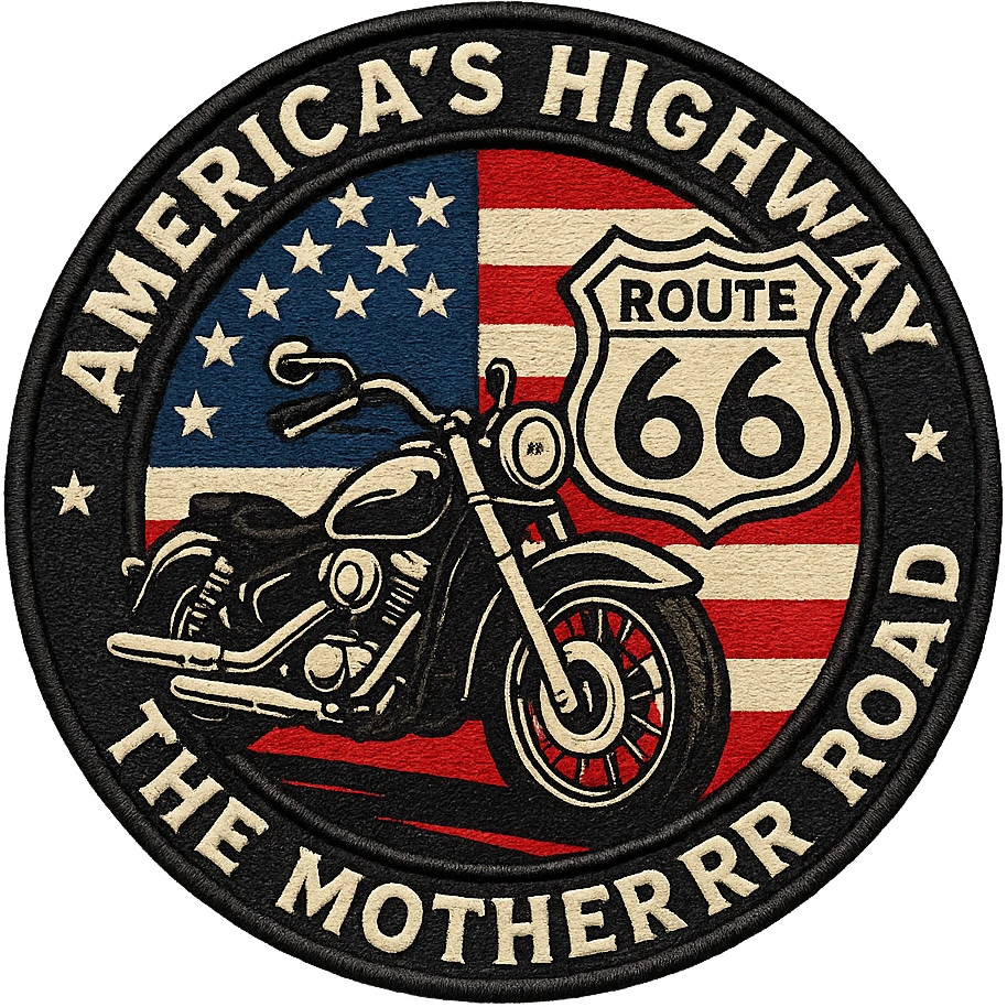 circular design for motorcycle cap, transparent background, text 'AMERICA'S HIGHWAY - ROUTE 66 - THE MOTHER ROAD', motif: motorcycle, Route 66 sign, American flag, USA style emoji
