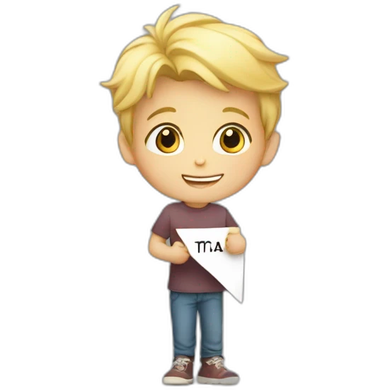 a young blond boy holding a sign , written" vivien ta maman"" emoji
