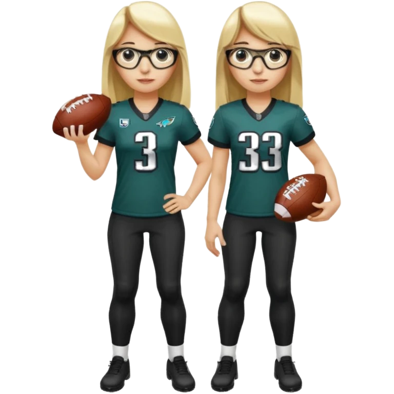 full length women wearing eagles uniform, long blonde hair, straight bangs, black glasses, holding football, number 33 emoji
