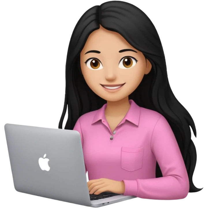 girl with black long hair working in a macbook, pink shirt, smily emoji