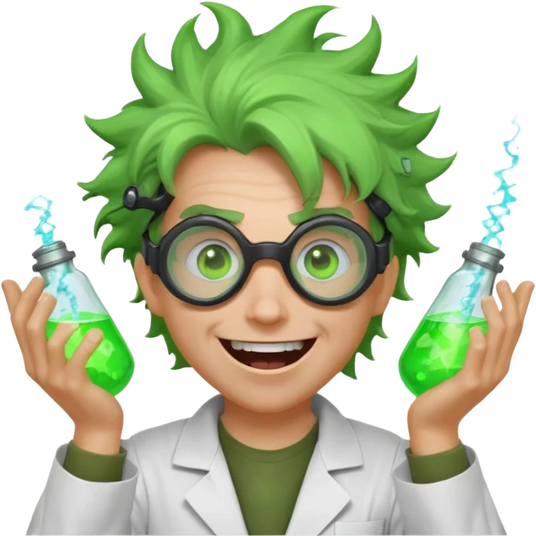 mad nuclear scientist portrait, head and shoulders only, messy hair, cracked goggles, glowing radioactive green light, excited crazy smile, 3D cartoon, mobile game icon style, clean background, no text, no watermark
 emoji
