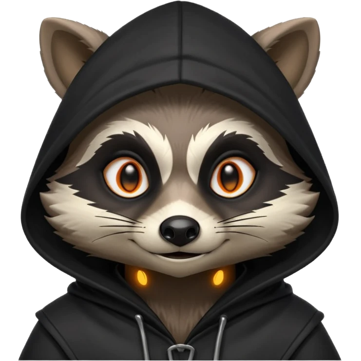 gothic thief raccoon portrait, head and shoulders only, dark hood, glowing eyes, mysterious sneaky grin, 3D cartoon, mobile game icon style, clean background, no text, no watermark
 emoji