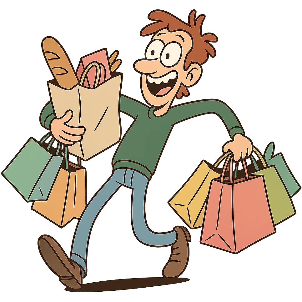 goofy character with overflowing shopping bags, playful and whimsical emoji