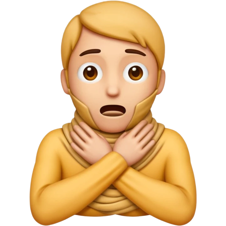 emoji character with a distressed face, cartoon hands wrapping around its own neck, conveying the act of self-strangling emoji
