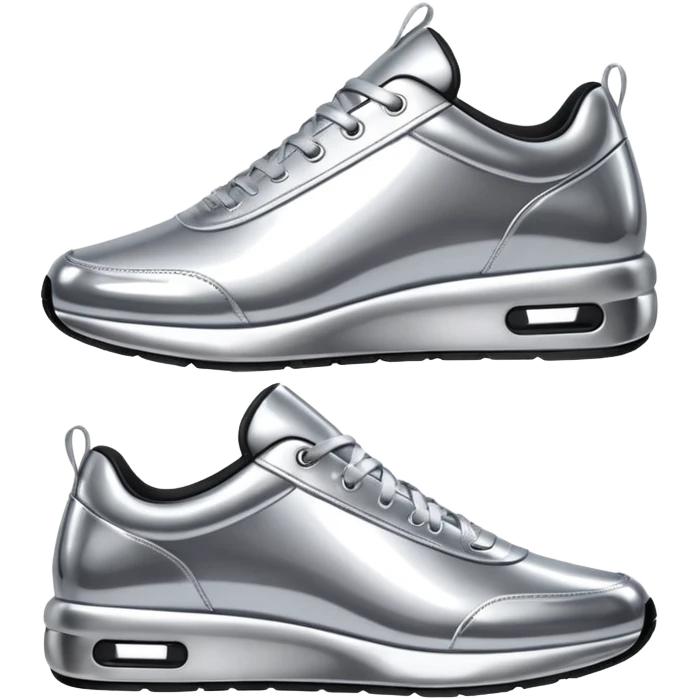 A pair of futuristic sneakers emoji made of silver chrome, sleek streetwear design, smooth metallic panels, subtle reflections, luxury swag aesthetic, iOS emoji style, centered, clean white background emoji