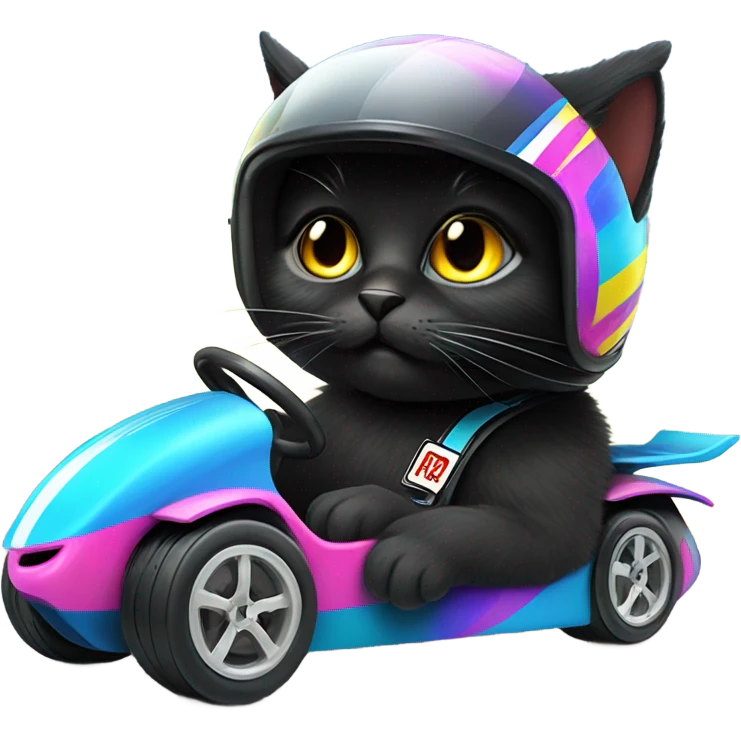 Fluffy black cat driving a race car  emoji