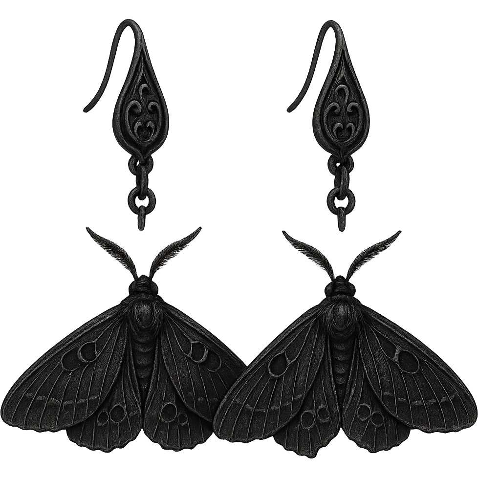 goth earrings, black moth, nocturnal gothic style, delicate emoji
