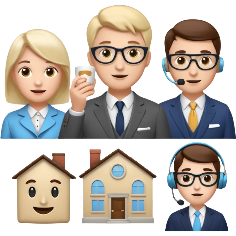 6 icons in a 2×3 grid, soft 3D emoji style, pastel colors, equal spacing, white background:
1) speech bubble
2) theatre masks
3) dynamic stopwatch
4) house + coffee + shopping bag
5) English gentleman
6) female support agent with headset
 emoji
