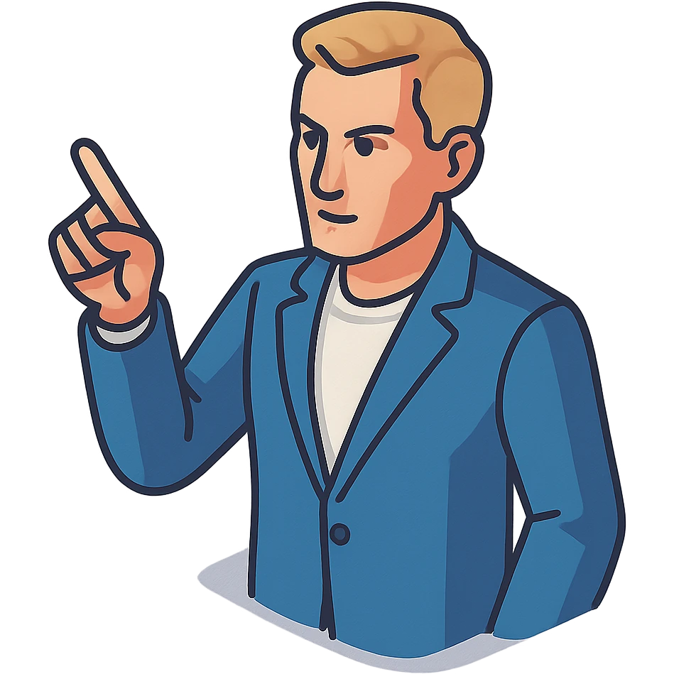 Confident male leader, Caucasian, short neat blonde hair, sharp eyes, indigo jacket, one arm raised gicing direction, waist-up, front-facing emoji