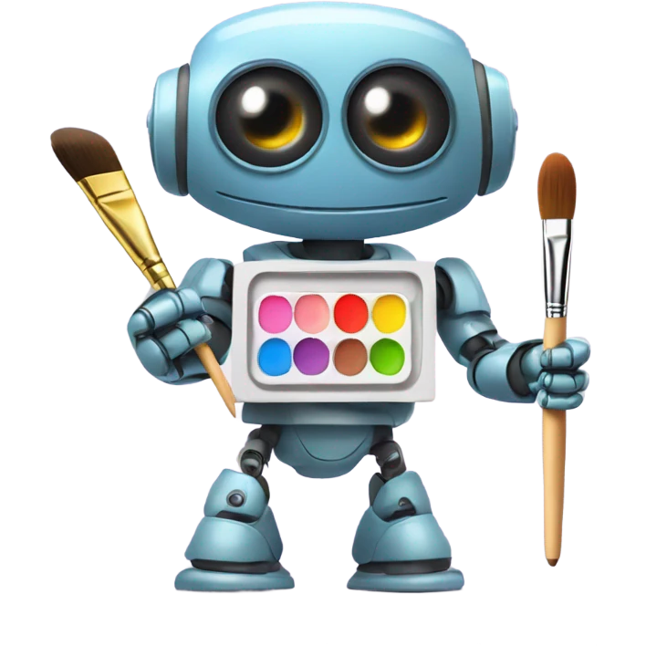 cute robot holds a palette with paints and a brush emoji