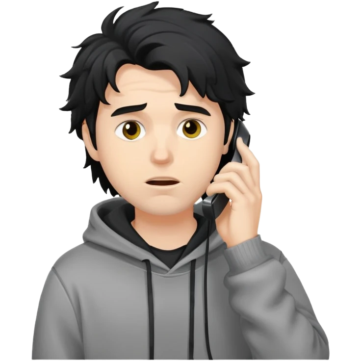 a white man with black messy, hoodie taking a call emoji