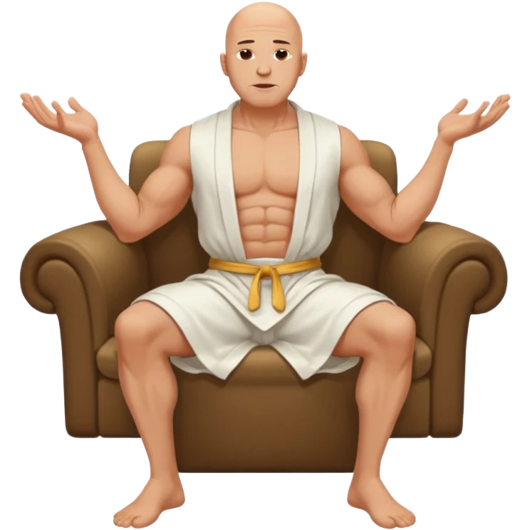 fullbody jacked bald guy, sleeveless and unbuttoned in full white robe sitting emoji