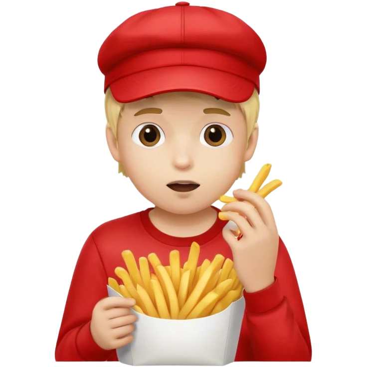 Young blond boy wearing a cap eating French fries emoji