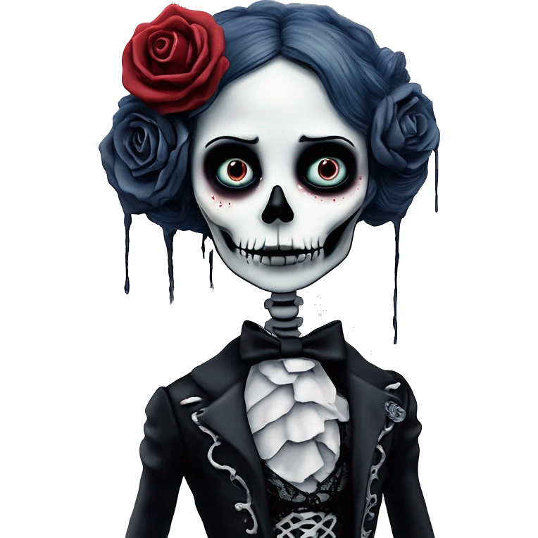 full height skeleton, tim burton "corpse bride", thin porcelain doll with a cracked face, goth makeup watery eyes, long hair, lace and ruffles, lolita style, inked, black and white, red roses emoji