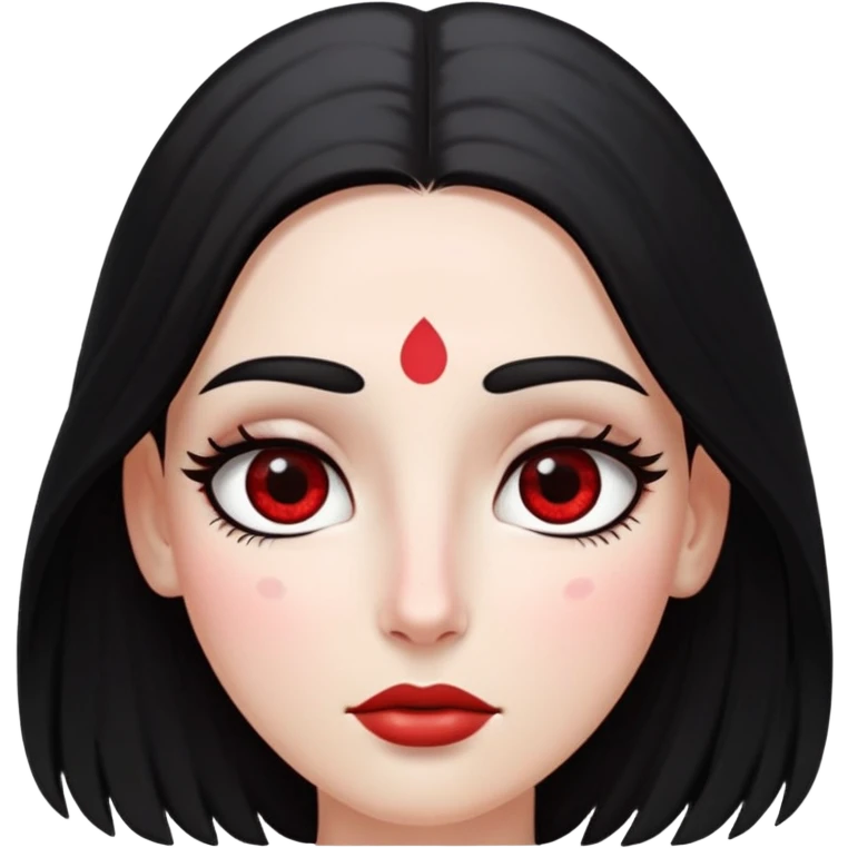 White girl with long oval shaped face, large almond shaped eyes with long eyelashes, long straight black hair falling in front of her bare shoulders, face closeup, with red and white gopi dots decorating her forehead above eyebrows emoji