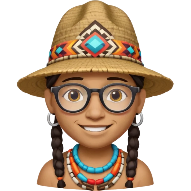 cute Indigenous tribal character portrait, head and shoulders only, wearing glasses, stylish hat, friendly smile, colorful tribal patterns, 3D cartoon, mobile game icon style, clean background, no text, no watermark
 emoji