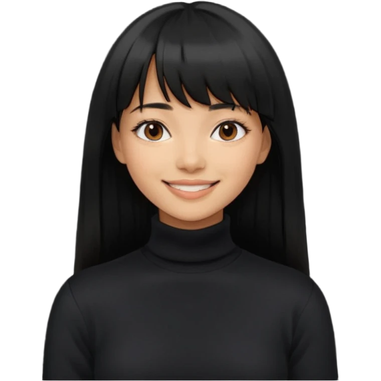 Photograph of a young woman with long, straight black hair and bangs, wearing a black turtleneck sweater. emoji