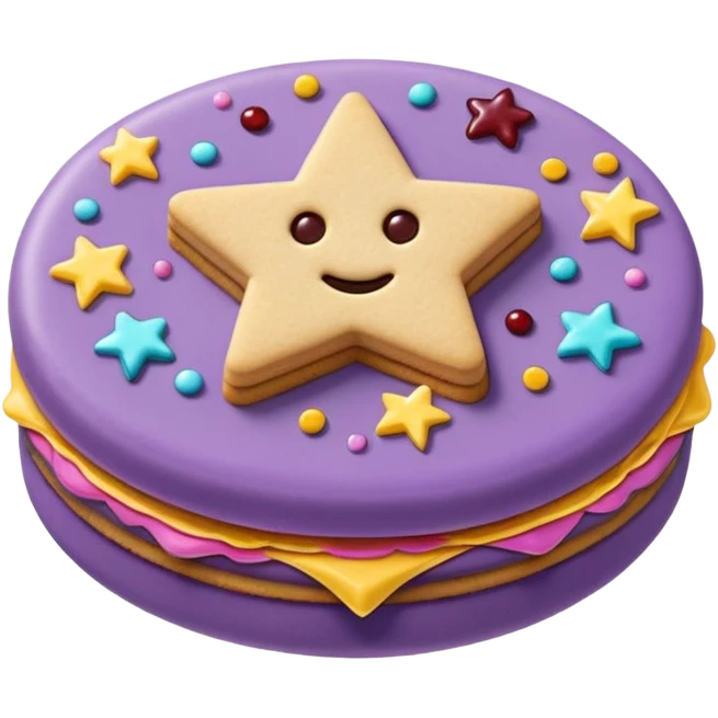 a pastel purple sandwich cookie with soft crumbly texture, a star-shaped jam cutout in the center showing glossy dark berry filling, and creamy filling with colorful sprinkles. Minimal emoji style, smooth shading, high detail, centered object, no background, sweet playful vibe emoji