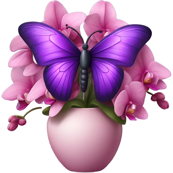 Aesthetic butterfly with purple and pink wings sitting on a dark purple bouquet of Orchids in a pastel pink vase emoji
