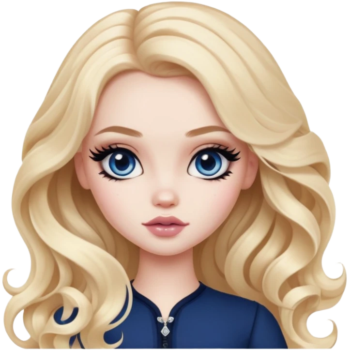  long wavy blonde hair, pale skin, dark blue eyes, pretty bratz baddie, black eyeliner, blush emoji