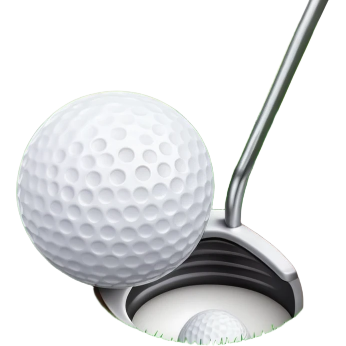 A golf ball positioned next to a golf club on a well-manicured green, with the lush grass of the golf course in the background. The setting captures the peaceful yet competitive atmosphere of the sport, focusing on the precision and skill required for the perfect shot emoji