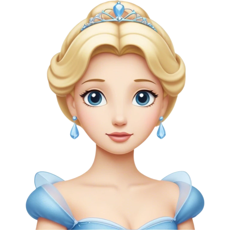 Cinematic Elegant Cinderella Portrait Emoji, rendered in a realistic, vector-style with minimal shading and bold, simplified shapes. Depict Cinderella in her classic ball gown (chest and above) with fair, porcelain skin and elegantly styled blonde hair, her eyes soft and kind, and her expression serene and graceful. The design glows with a gentle, enchanting radiance and high shine, capturing the timeless beauty of a fairy tale princess. emoji