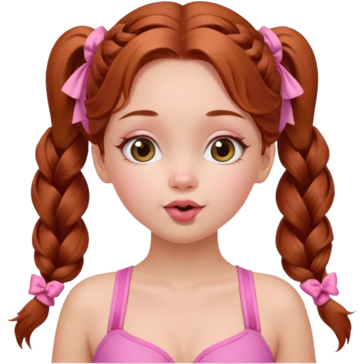 A cute ukrainian girl, with long auburn hair two side ponytails plaited, in her pink bathing costume, she's blowing a kiss. emoji
