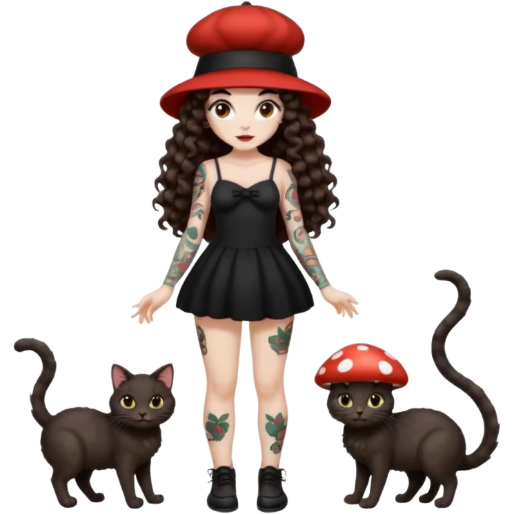 full body woman long curly brown hair brown eyes white skin tattoos black cat at feet, both wearing matching mushroom hats emoji