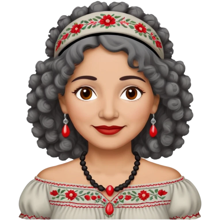 Latina woman, about 55 years old, slightly darker warm brown skin, round soft face, curly black and gray hair, red and white headband, medium eyes, thin eyebrows, gentle smile, gray peasant blouse with embroidery, bare shoulders, large dark necklace emoji
